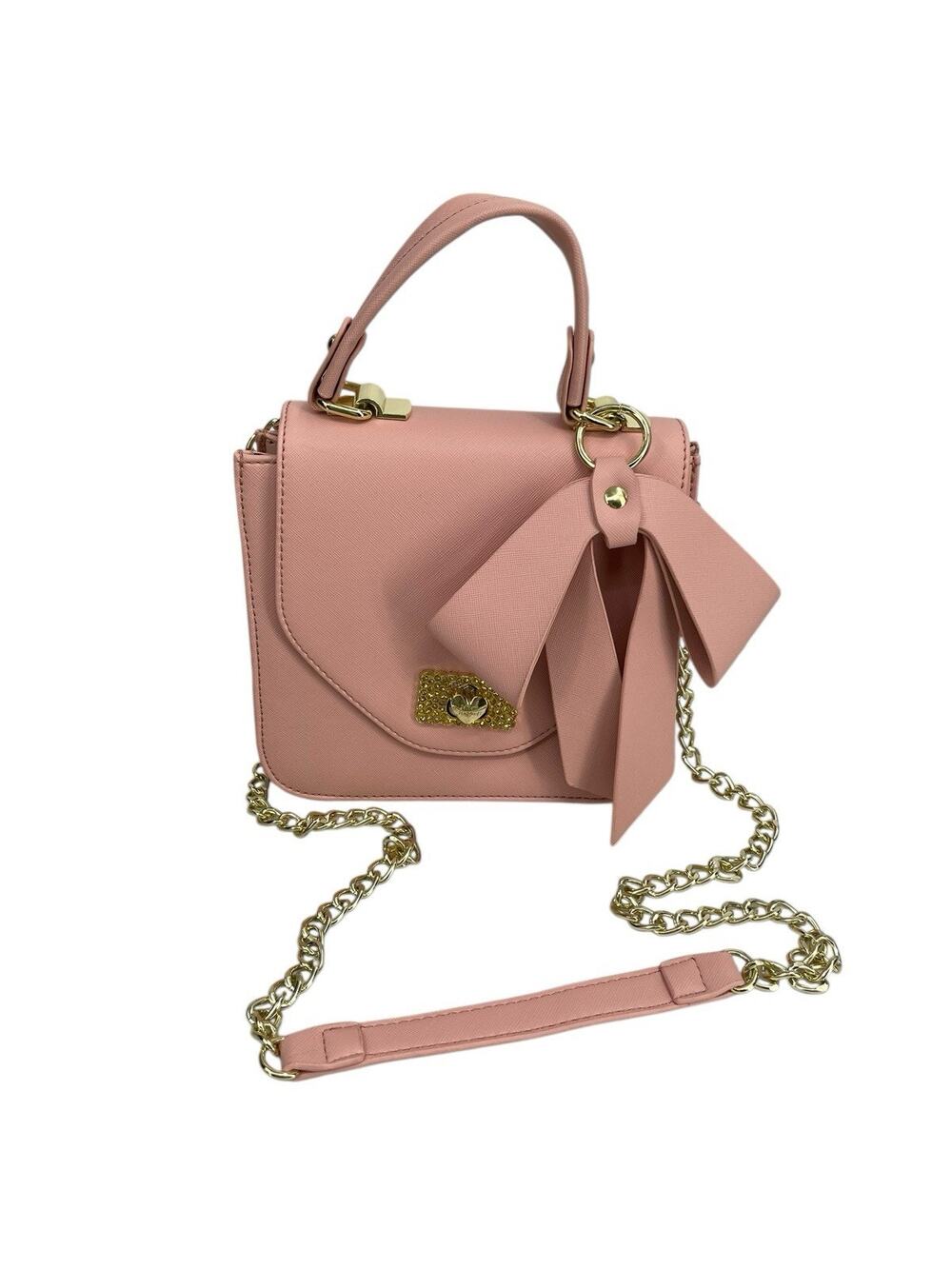Betsey Johnson Pink Purse Bag Top Handle Strap Pink Bow
